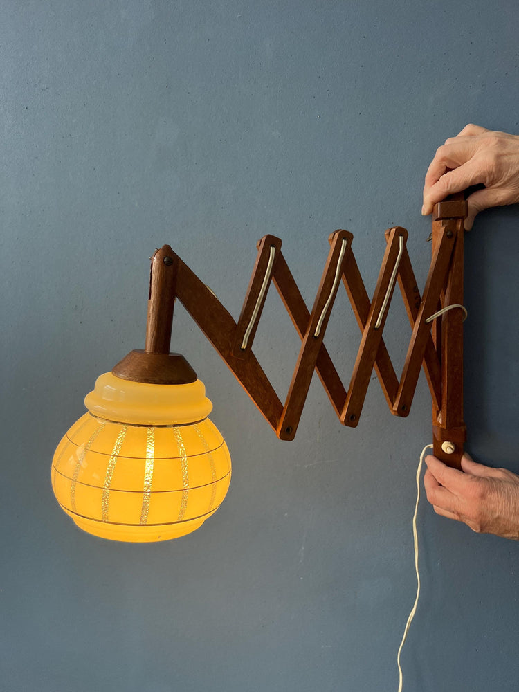 Vintage Teak Wood Scissor Wall Lamp with Glass Shade