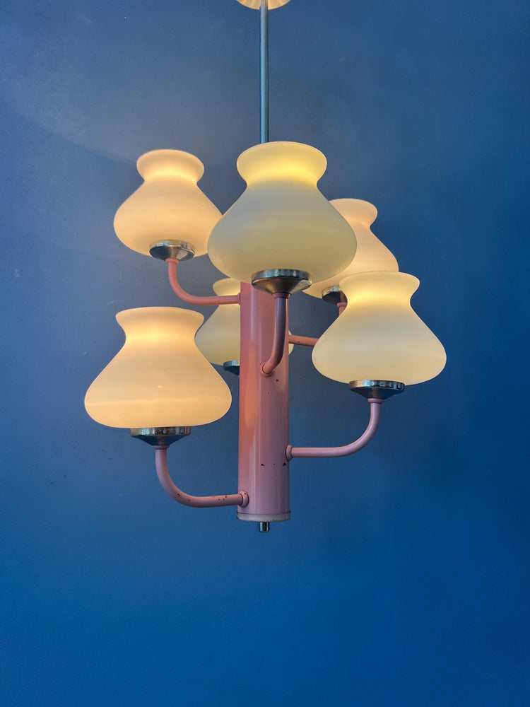Mid Century White Opaline Glass Chandelier with Pink Frame