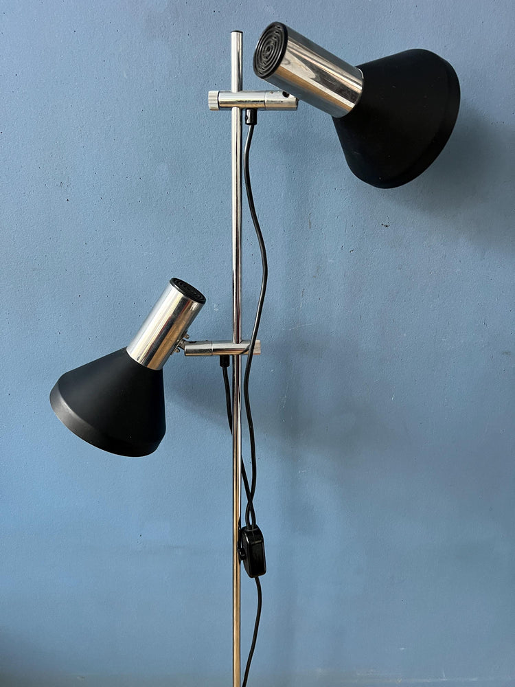 Vintage Black Mid Century Floor Lamp with Two Aluminum Spots