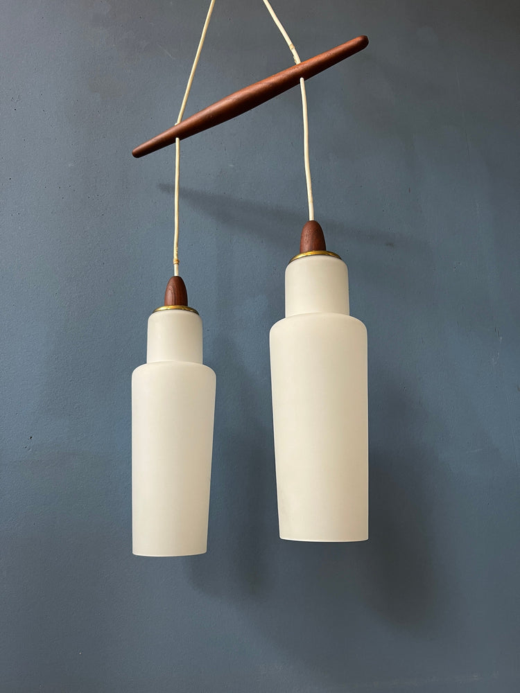Danish Pendant Lamp with Two Opaline Glass Shades and Teak Wood Elements