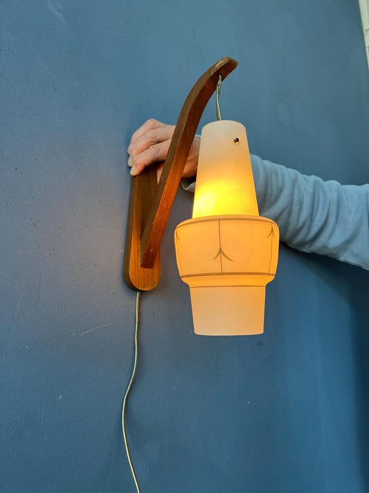 Scandinavian Opaline Glass Teak Wood Rod Wall Lamp