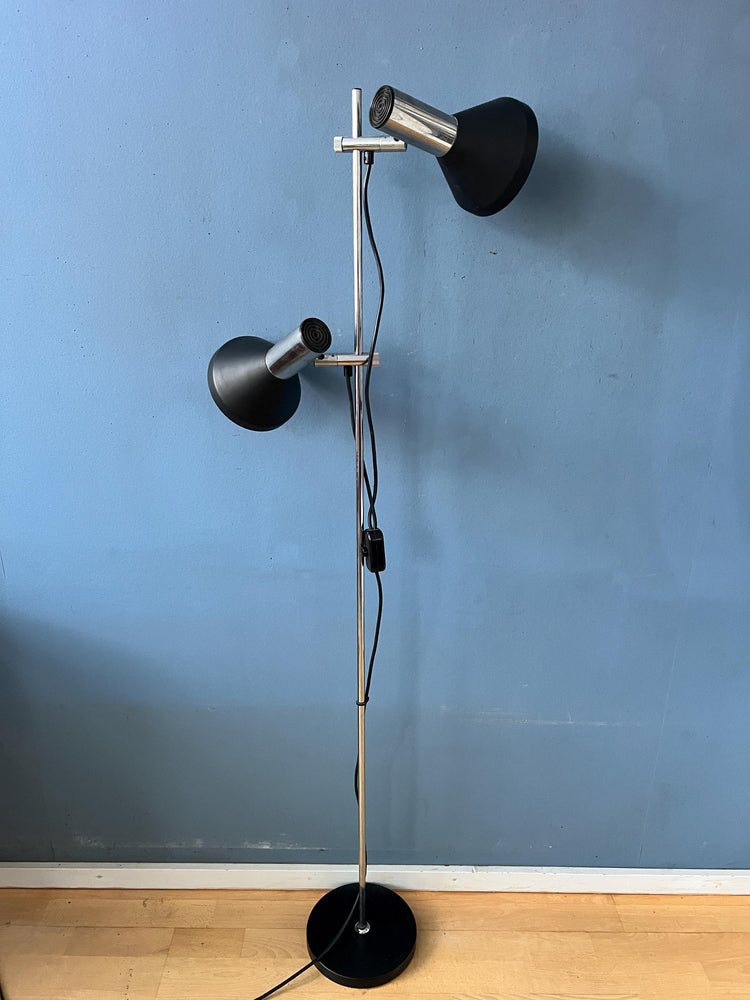 Vintage Black Mid Century Floor Lamp with Two Aluminum Spots