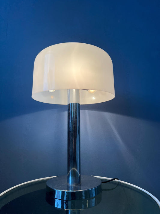 Chrome Space Age Table Lamp with White Plexiglass Mushroom Shade