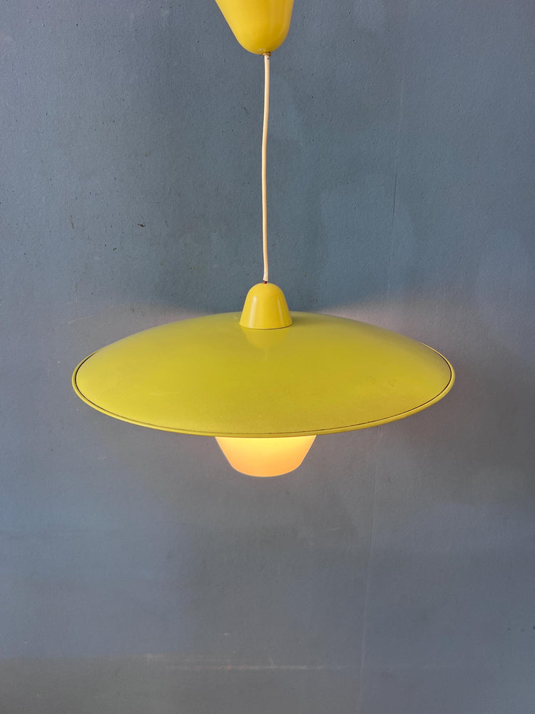 Mid Century Opaline Glass Pendant Lamp with Yellow Metal Shade