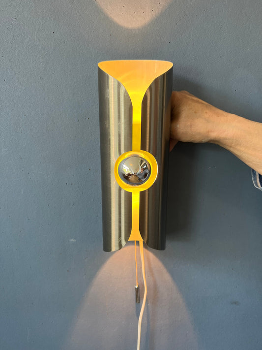 Vintage Polam Space Age Wall Lamp | Mid Century Raak Style Light | Green 70s Retro Lighting | Brushed Stainless Steel