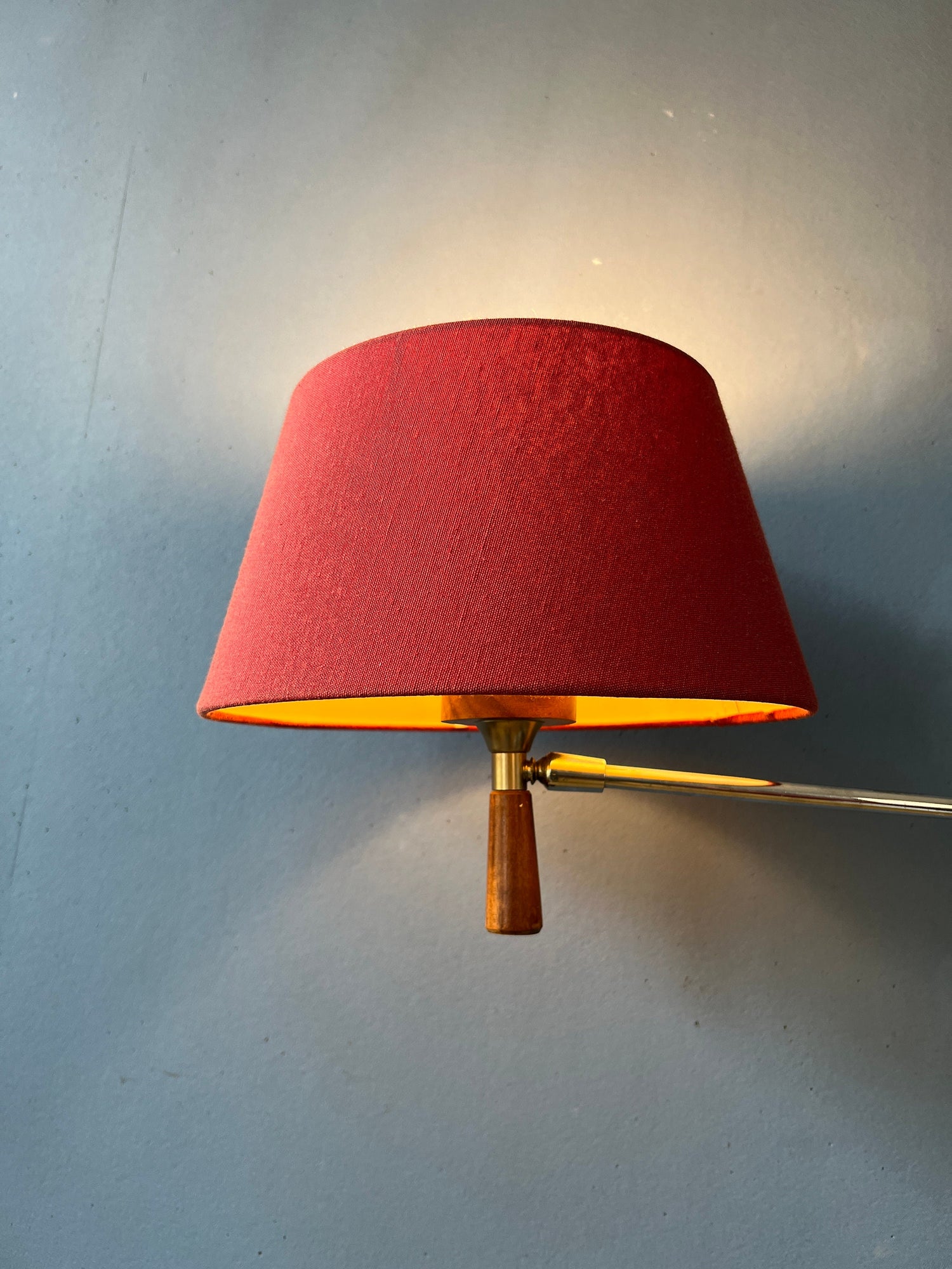 mid century wall lamp, vintage red shade, vintage teak lamp, danish lamp, scandinavian lamp