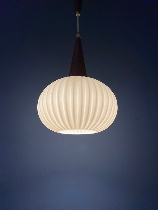 Vintage Milk Glass Pendant Light by Louis Kalff for Philips with Teak Wood Cap