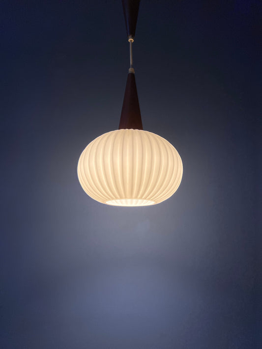 Vintage Milk Glass Pendant Light by Louis Kalff for Philips with Teak Wood Cap