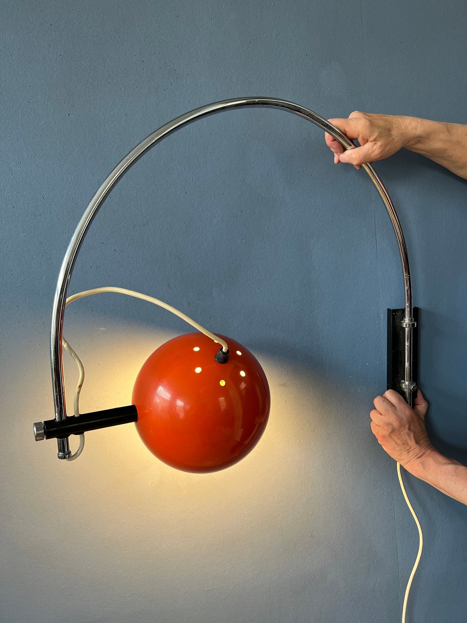 herda arc wall lamp, orange wall lamp, vintage arc lamp, space age lamp, eyeball lamp