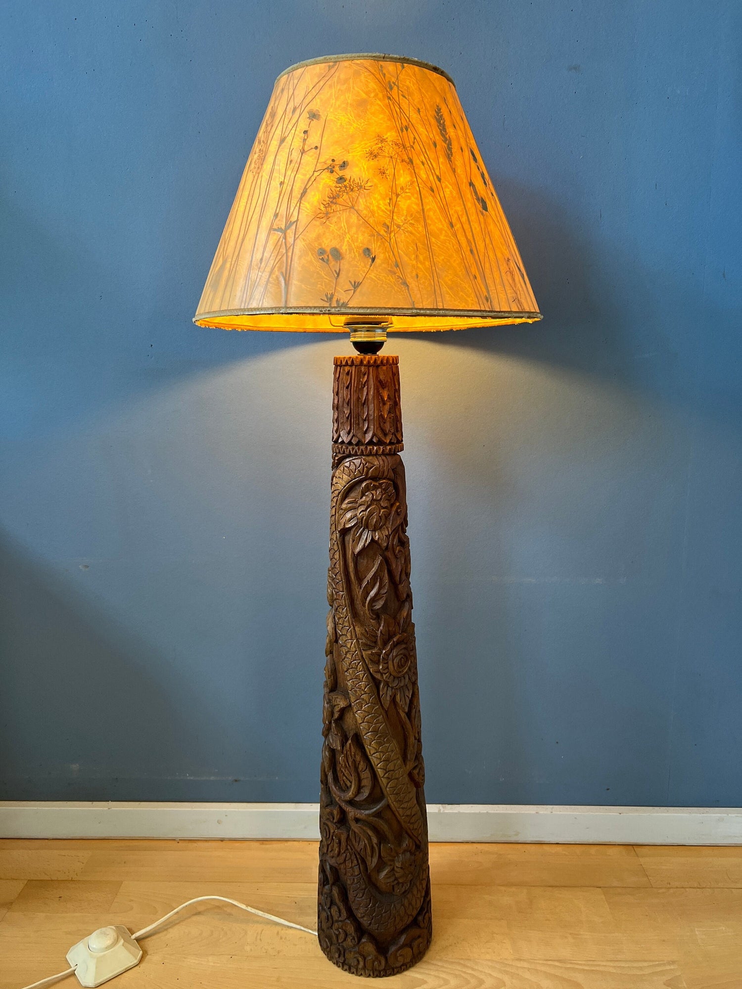 Carved wood online floor lamp