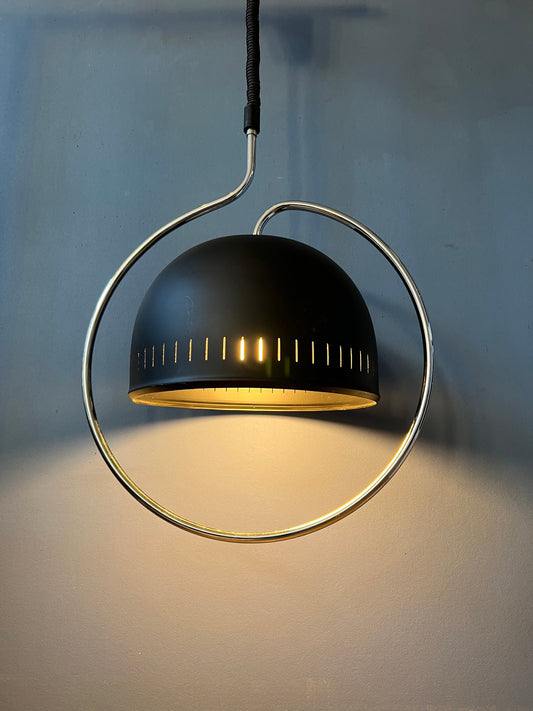 Dijkstra Space Age Hanging Lamp with Chrome Frame and Black Metal Shade